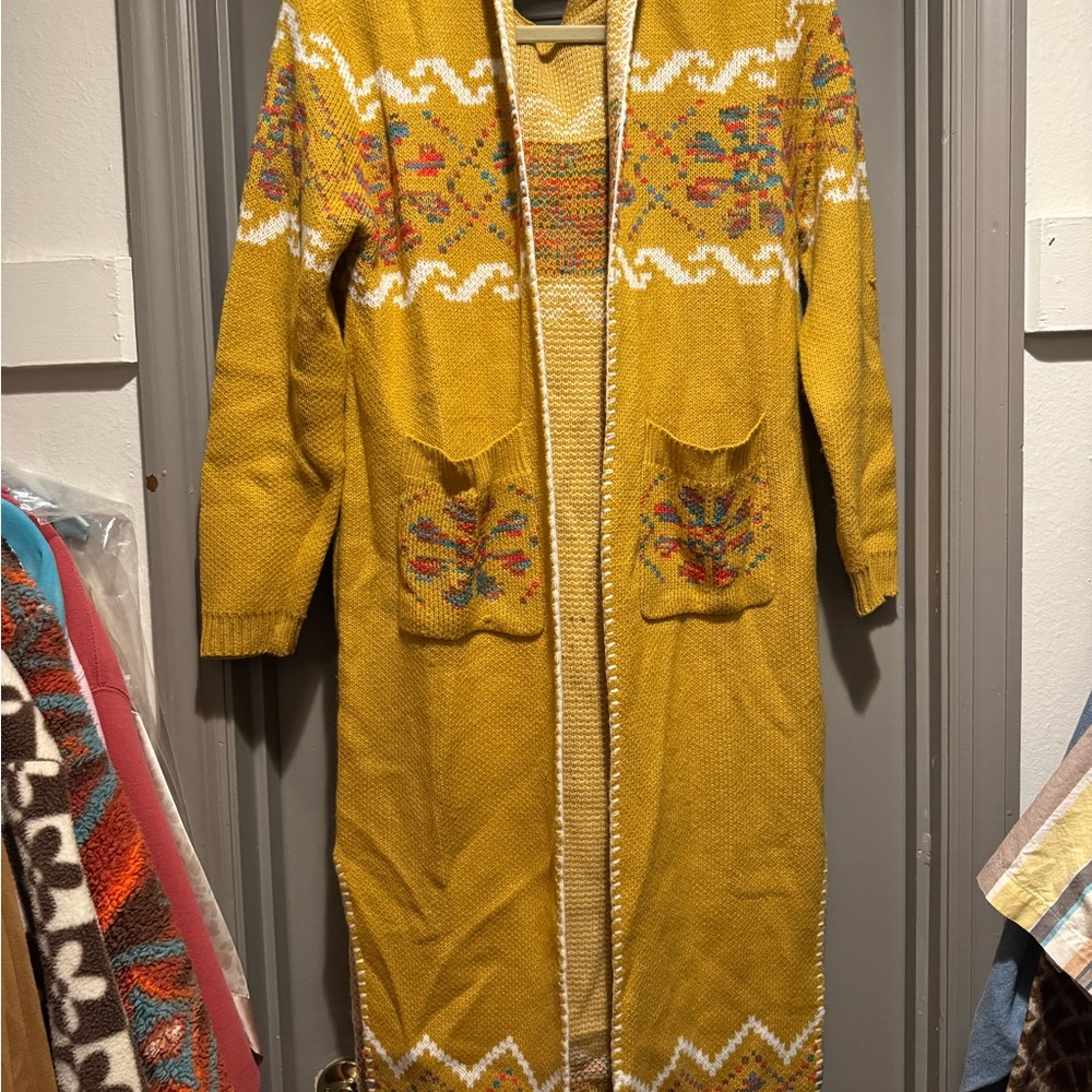 Yellow Knit Long Cardigan with Patterned Design
